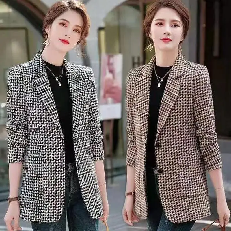 

Woman Blazers 2023 Autumn Korean Fashion Chic Elegant Houndstooth Casual Office Lady Suit Jacket