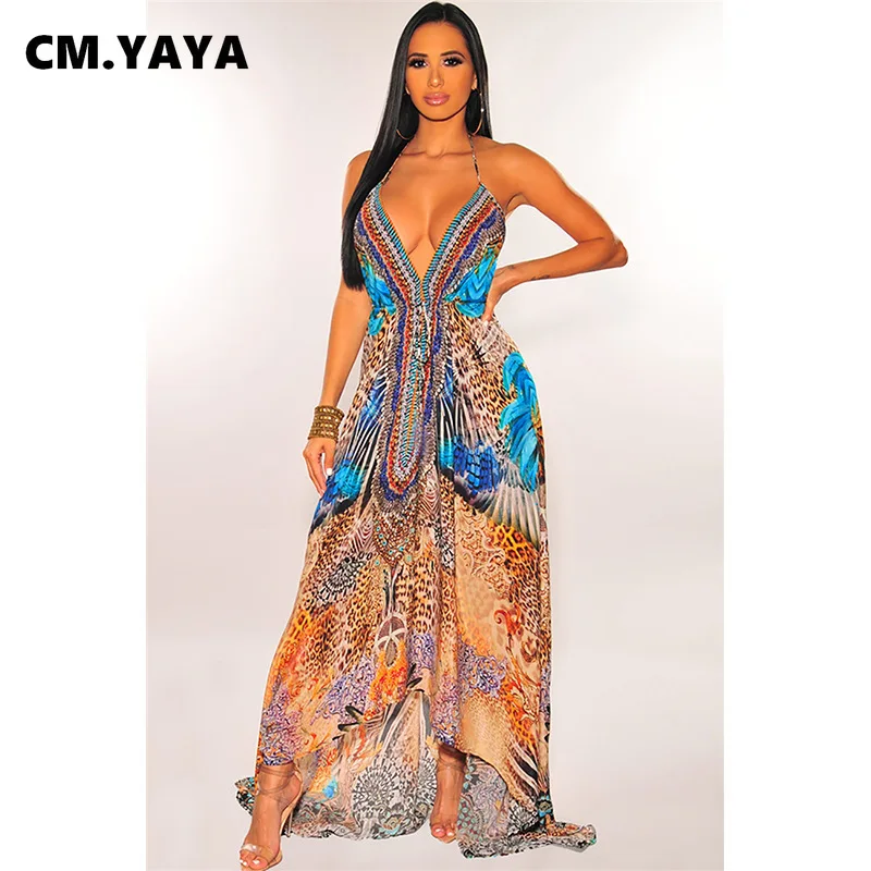 

CM.YAYA Women Dress Bohemia Spaghetti Strap Halter Hollow Out V-neck Empire Loose Dresses Summer Sexy Fashion Outfit Beachwear