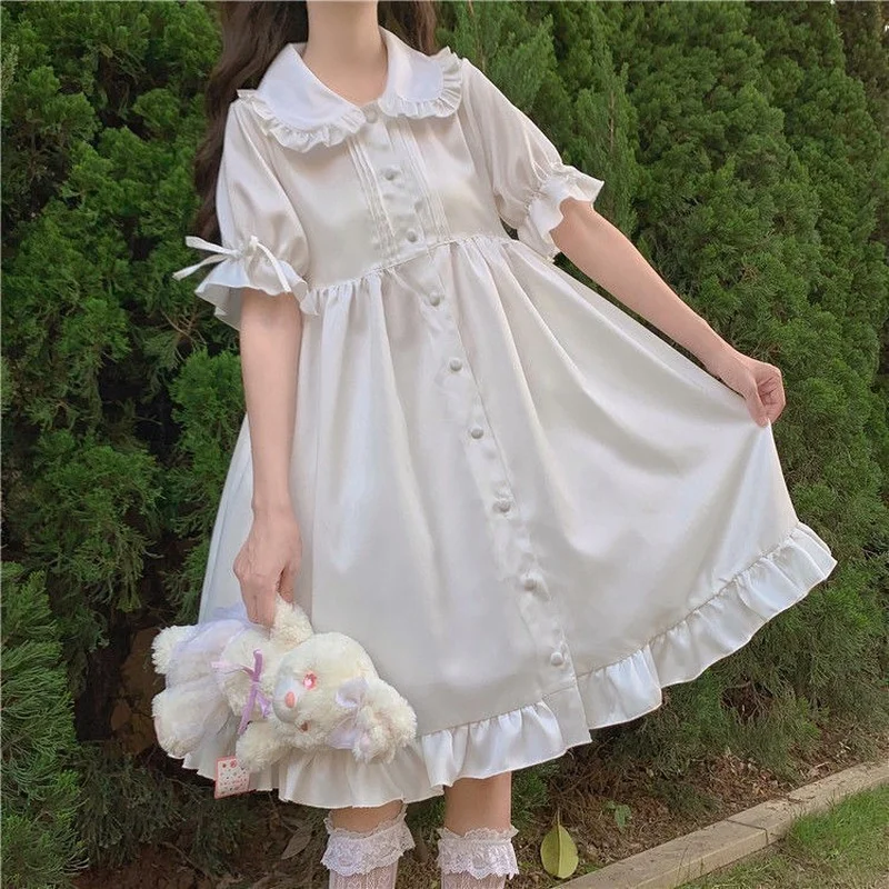 

Lolita White Japanese Sweet Dress Doll Tie Bubble Short-sleeved Ruffled High-waisted A-line Dress College Style Student Skirt