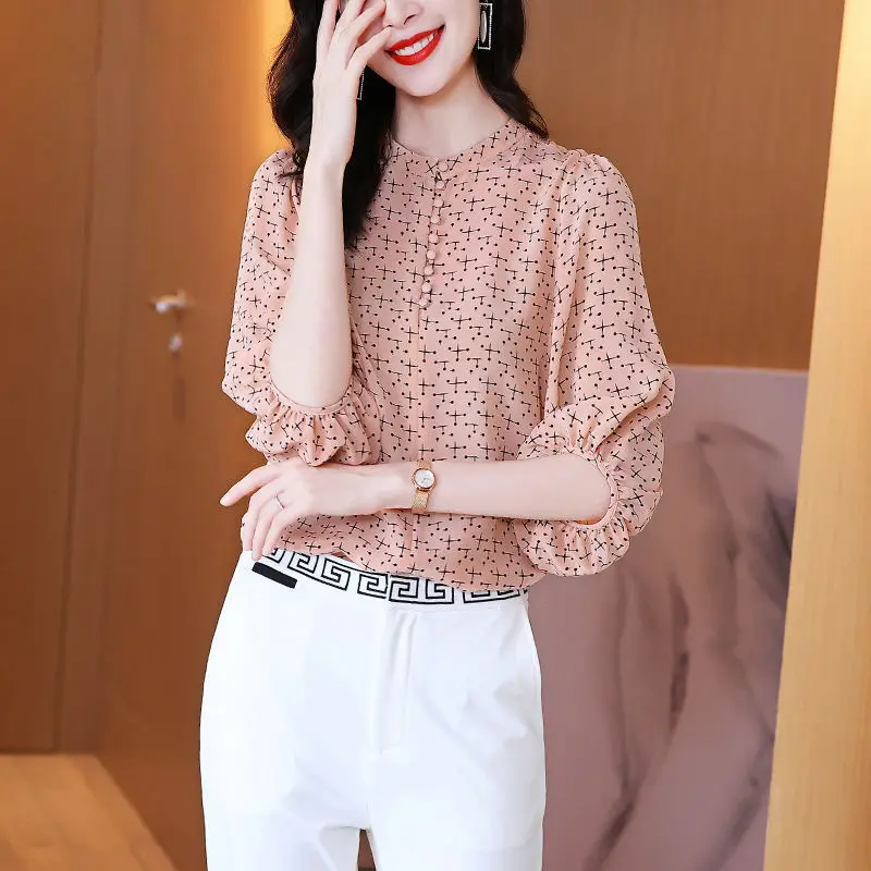 

Shirt women summer 2022 new high-end French lantern sleeves Western style small shirt temperament loose printed chiffon blouse