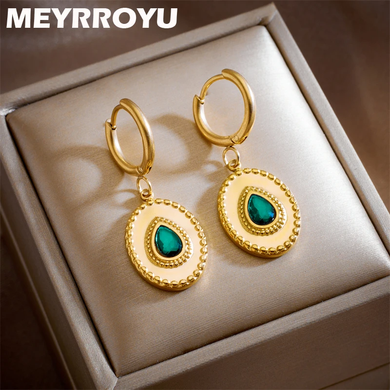 

MEYRROYU 316L Stainless Steel New Oval Metal Green Stone Charm Hoop Earrings for Women Statement Jewelry Gift Aretes De Mujer