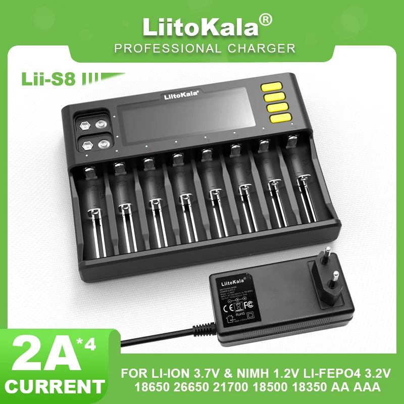 LiitoKala 10 шт. Lii-S8 LCD 18650 Li-ion 3 7 V NiMH 1 2 Li-FePO4 IMR 8 для 26650 21700 26700 18350 AA AAA зарядное устройство