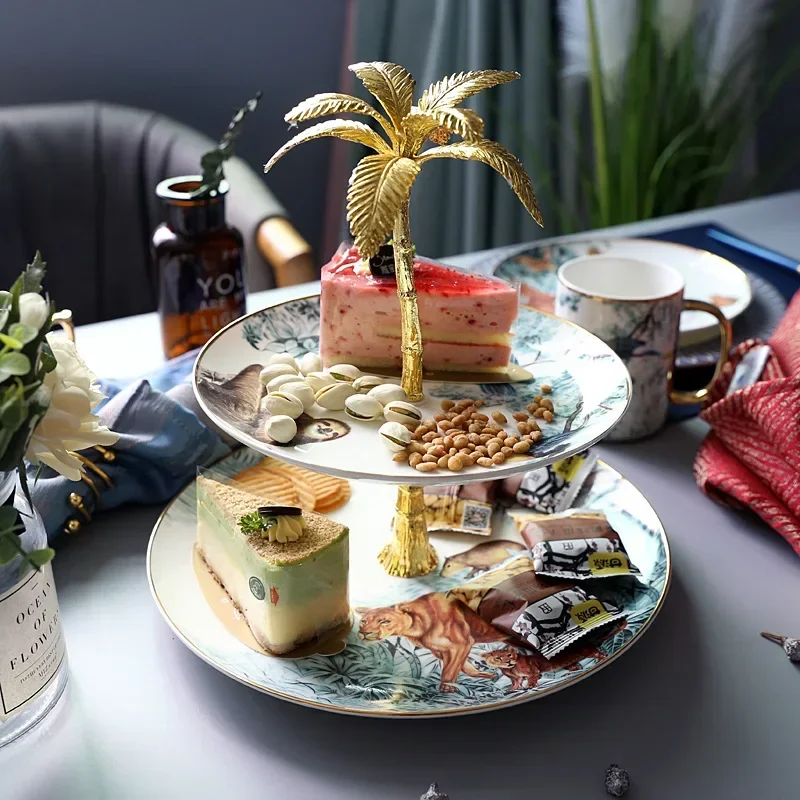 Двухслойная керамическая тарелка с фруктами и рисунком животных джунглей для