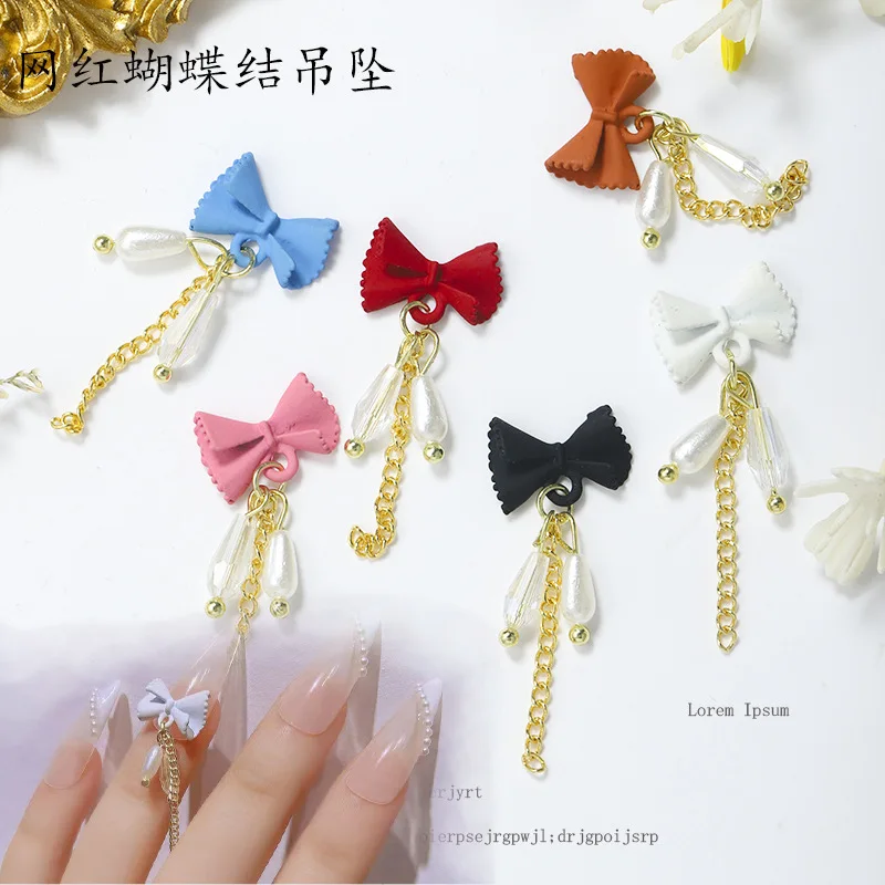

5/10pc Bow tie Nail Jewelry Gold Chain with Pearls 3D Zircon nails ornament Decal/ Bowknot Dangle/ Heart Star Nail Dangle