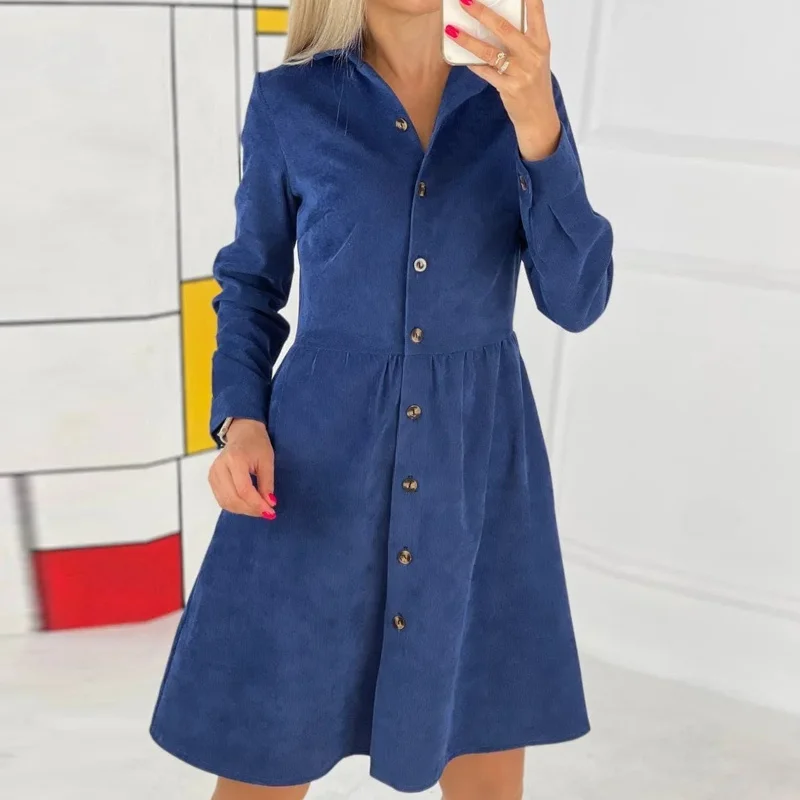 

Vintage Corduroy Shirt Dress Women Spring Autumn Turn Down Collar Slim High Waist A Line Midi Dress Elegant Office Lady Vestidos