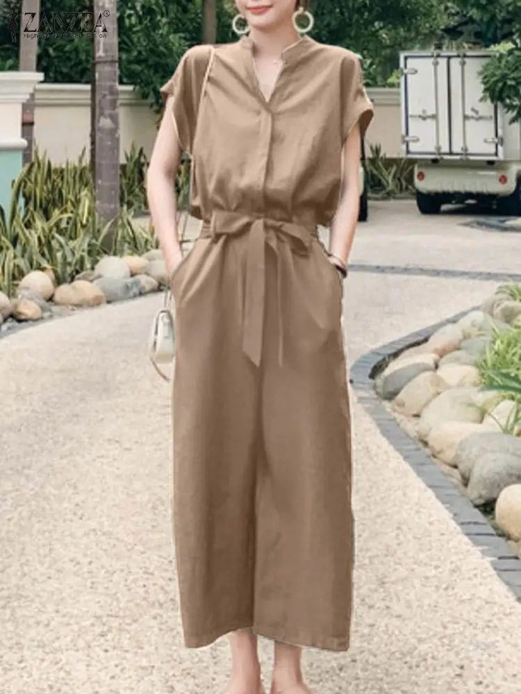 

New Fashion Women Jumpsuit ZANZEA 2023 Summer Elegant Holiday Jumpsuits Loose Casual Work OL Overalls Belted Ladies Playsuits