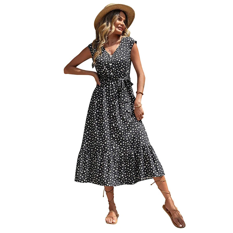 

New summer small floral sleeveless dress casual V-neck Black Floral Dress