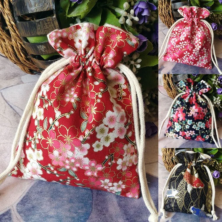 10pcs Large Natural Cotton Jewelry Packaging Bags Drawstring Gift Pouches High End Chinese Print Cloth Storage Pouch with lined