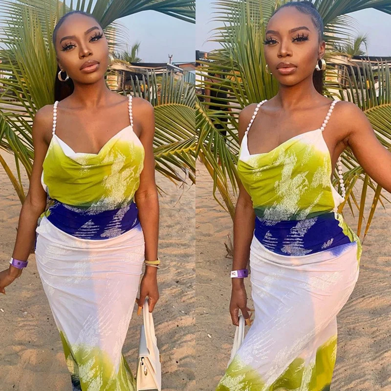 

Women's Bohemian Mid-Waist Fashion Printed Pearl Sling Halter Dress Yellow