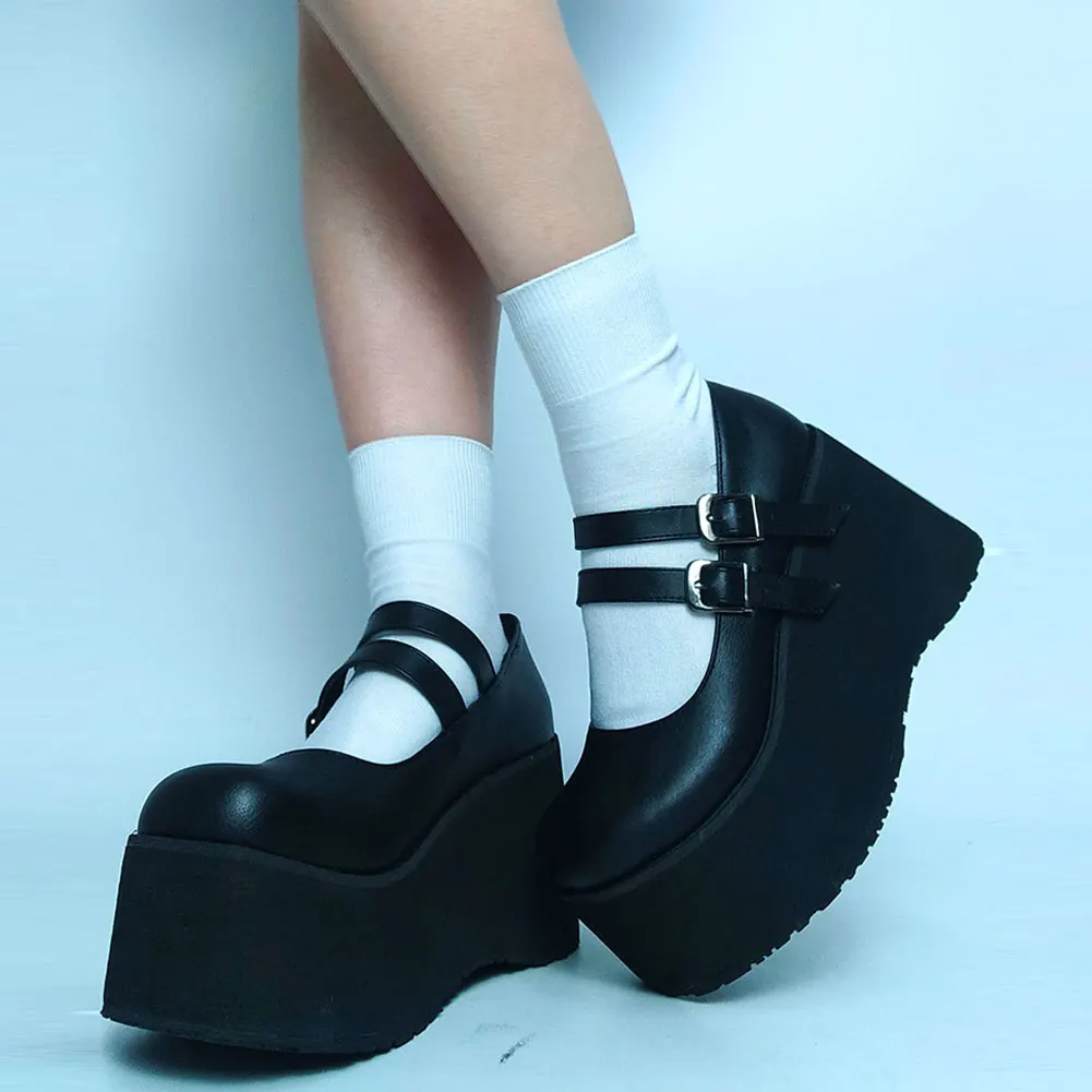 

2023 Goth Black Mary Janes Pumps Cool Sweet Chunky Platform Wedges High Heeled Gothic Cute Shoes Woman 2 Buckle Straps
