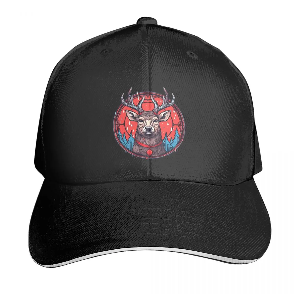

Deer With Red Circle, Icy Trees And Snow Drops Casquette, Polyester Cap Fashionable Practical For Travel