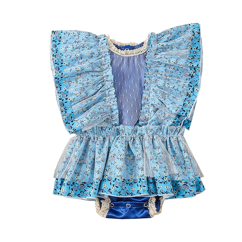 

Baby Girl's Romper, Floral Print Patchwork Tulle Ruffle Sleeveless Snap Crotch Dress Style Infant Girl Bodysuit