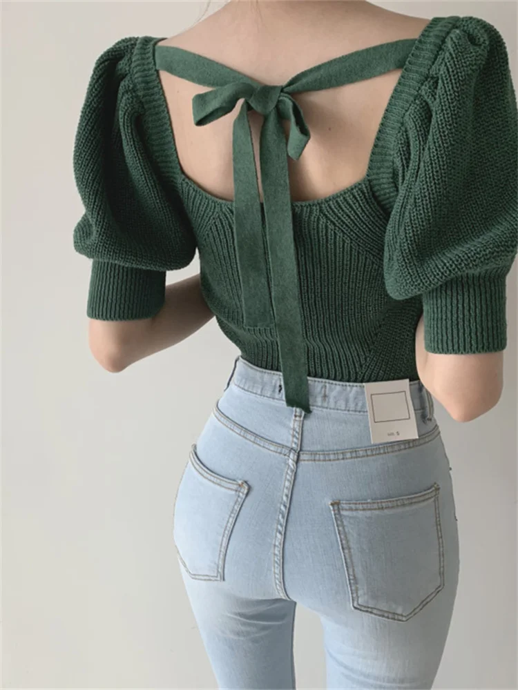 Mafokuwz шикарные вязаные топы рубашки с квадратным воротником пышными рукавами