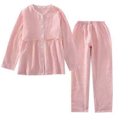 

Пижама Хлопковая женская домашняя одежда комплект модная печать кружевные брюки с V-образным вырезом и длинными рукавами розовая одежда дл...