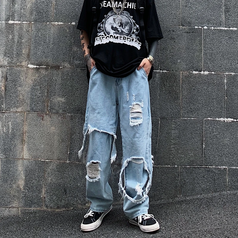 

High Street Ins Hip Hop Ripped Raw Jeans Edge Wide Leg Straight Jeans Personality Decadent Destruction Men