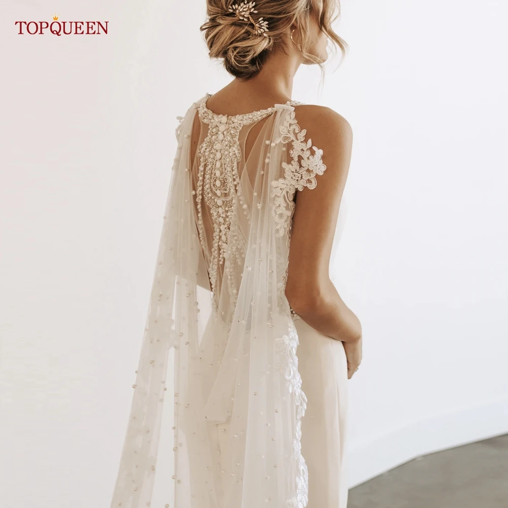 TOPQUEEN G59 Wedding Shawls Lace Jackets for Wedding Dresses with Pearls Women Cape Veil Wedding Jackets Wrap for Wedding Dress