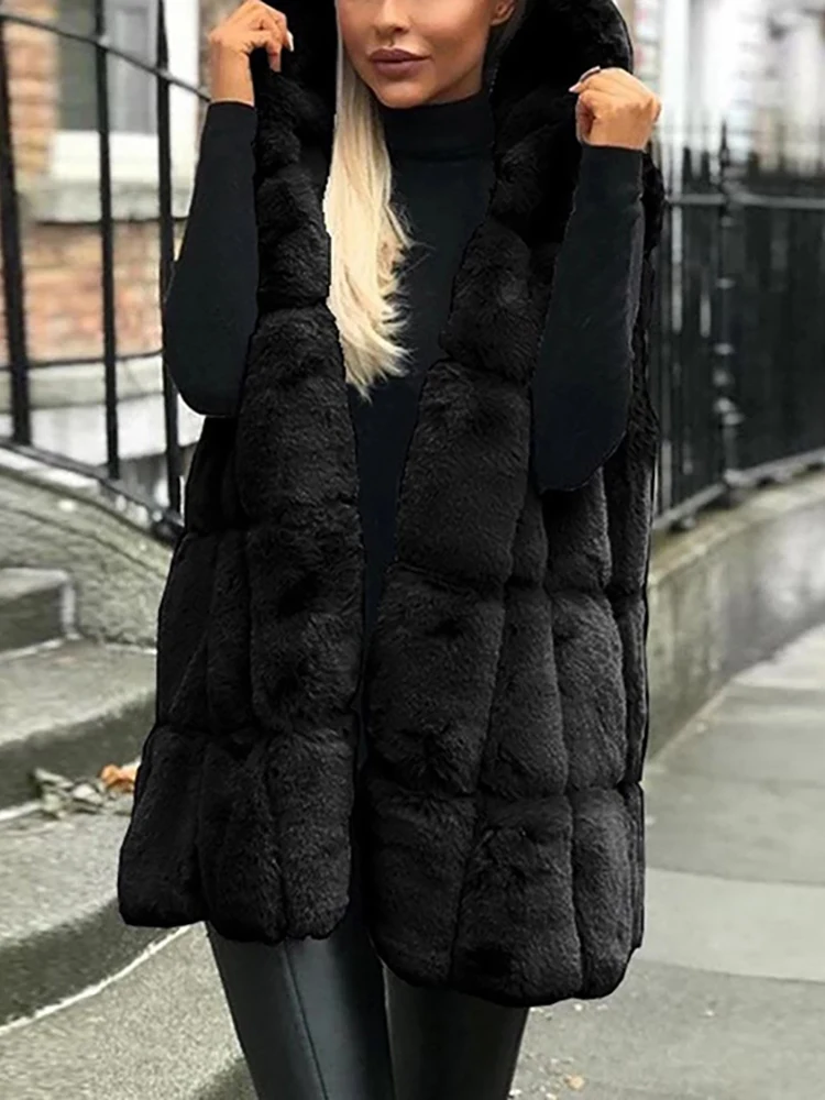 Autumn Winter Women Fox Fur Vest Hooded Fluffy Top Thick Warm Jacket Fashion Ladies Sleeveless Fleece Coat Female Outerwear 2022
