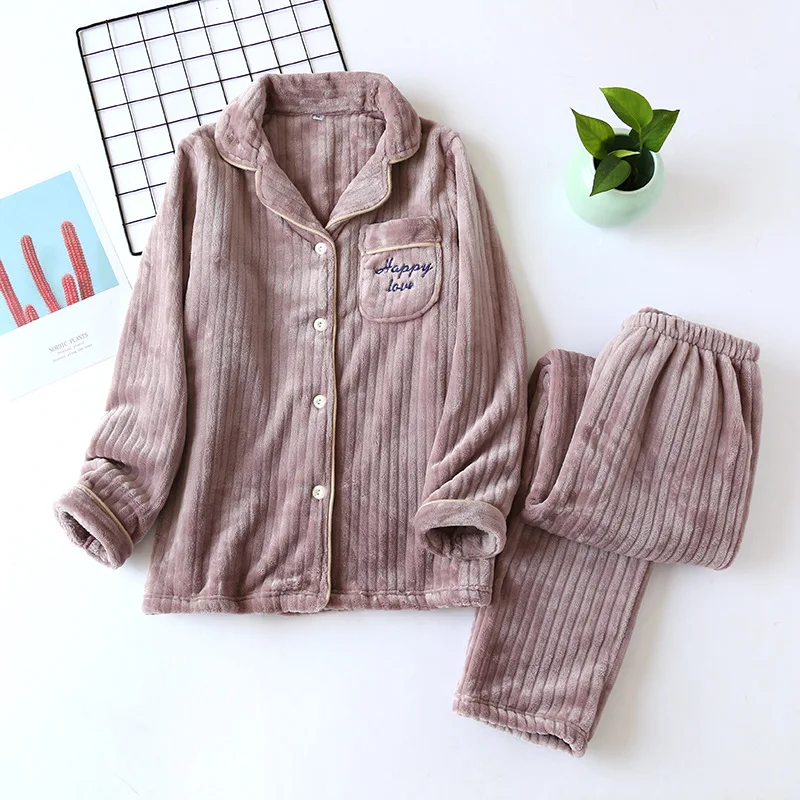 Women's Winter Fleece Pajama Set Turn Down Collar Ladies Homesuit Solid Long Sleeve Single Breasted Sleepwear For Female