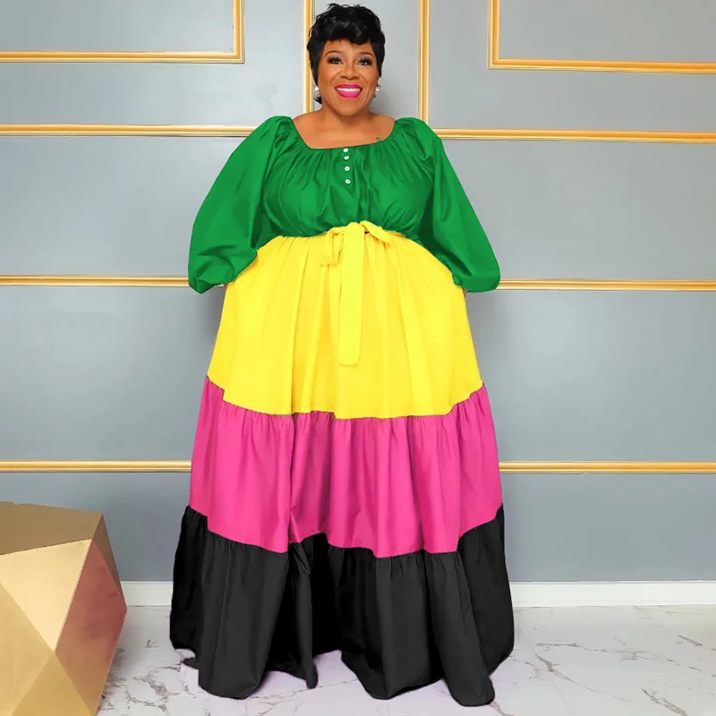 

WUHE Plus Size Cake Dress Women Clothing Color Block Patchwork Loose Button Bandage Fashion Birthday Outfits Long Beach Dress