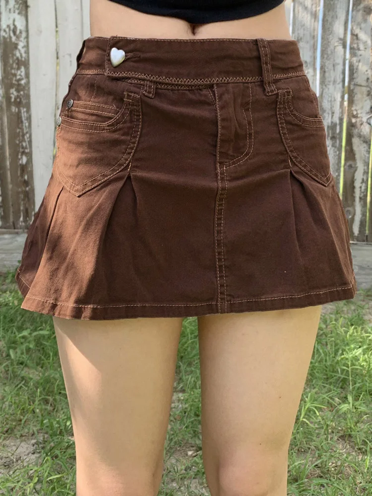 Retro Pleated Mini Denim Skirt Women High Waist A Line Brown Micro Skirt Femme Girls Hot Jeans Skirts Grunge Bottom Iamhotty