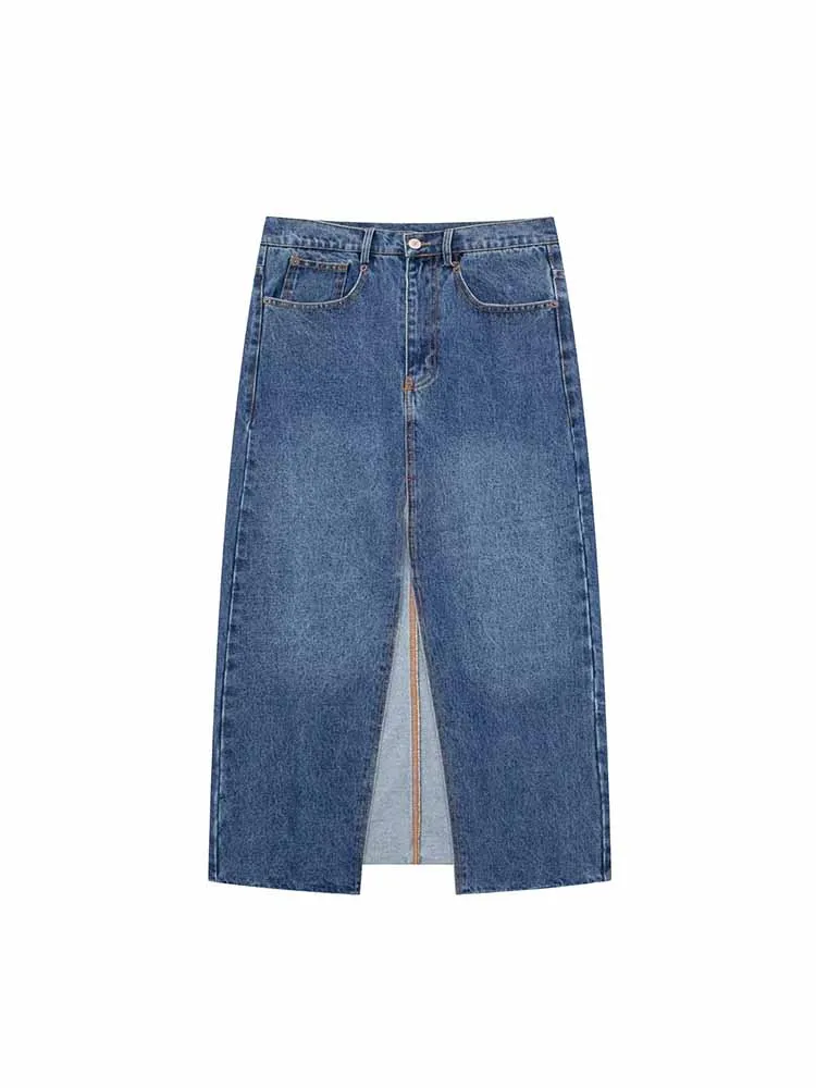 

Юбка-миди женская джинсовая с разрезом, завышенной талией и боковыми карманами