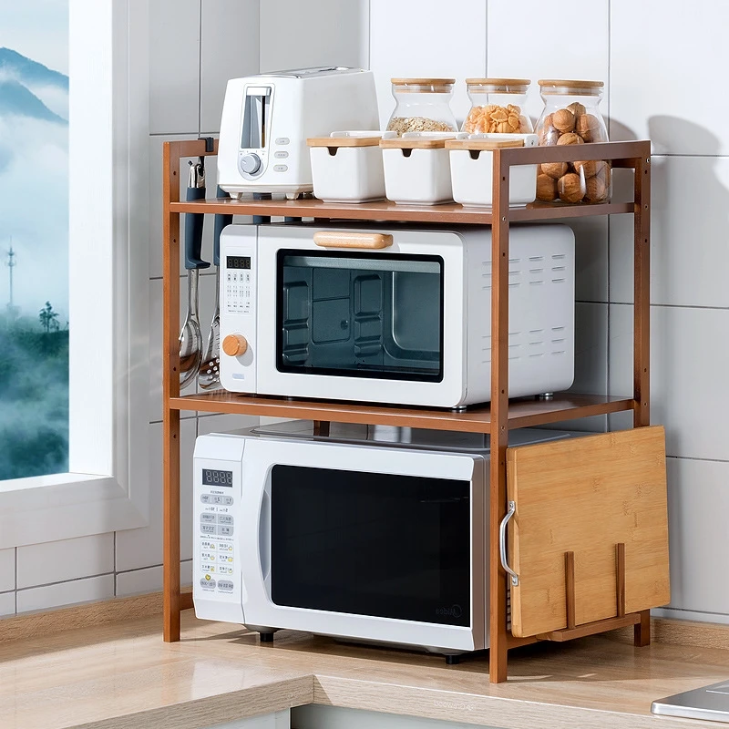 

Kitchen Spice Rack Countertop Double-layer Microwave Oven Rack Desktop Oven Storage Rack Bamboo Cutlery Holder
