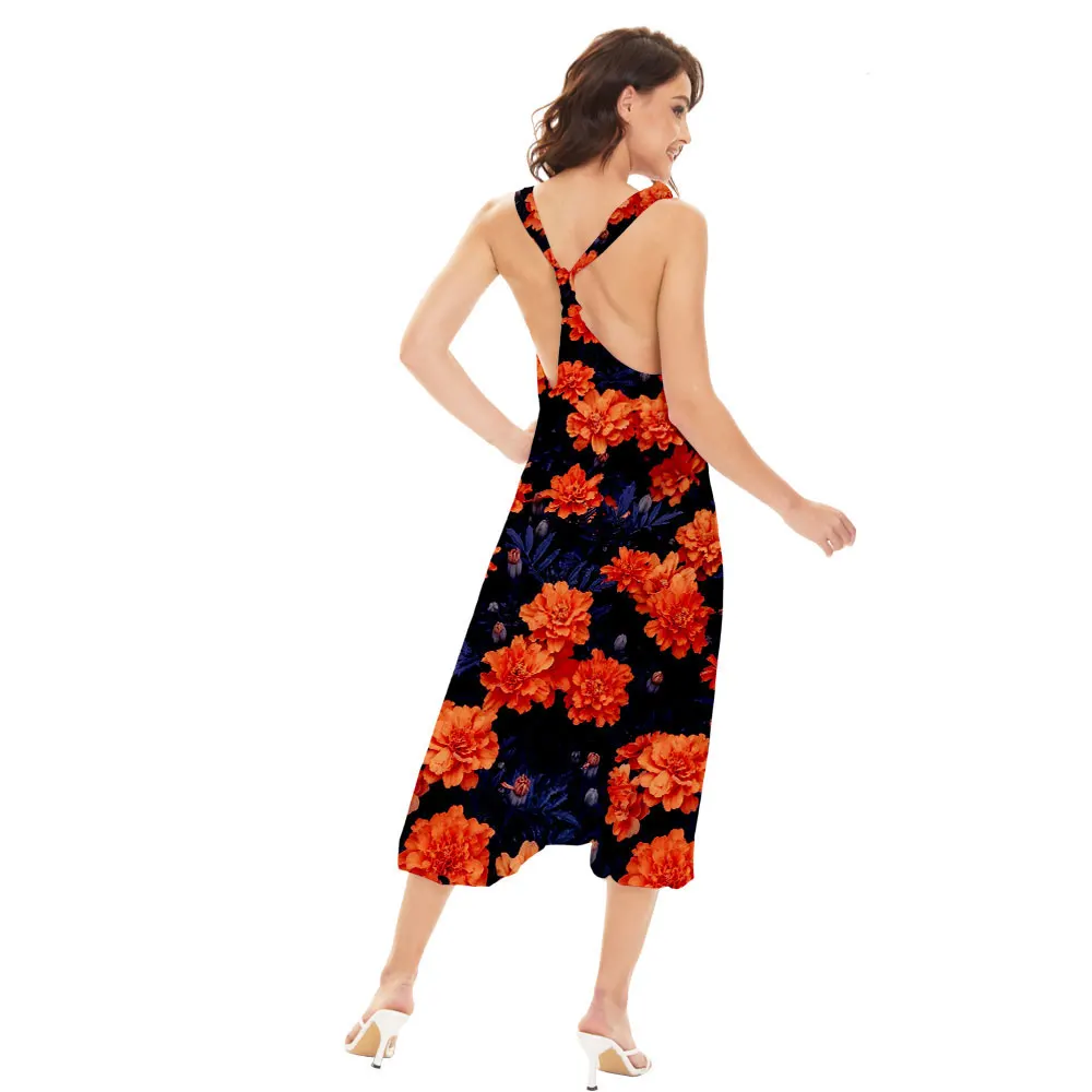 

2022 Women Flower Print Casual Plus Size Backless Summer spaghetti Straight Jumpsuit Sports Pants