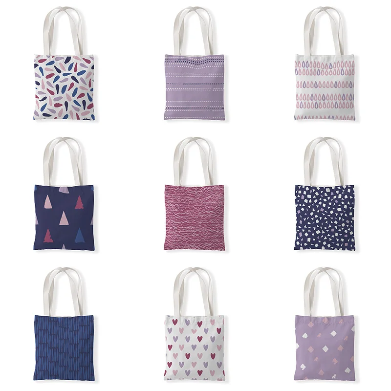 

High Capacity Women Purple Geometric Tote Ladies Casual Canvas Shoulder Bag Foldable Reusable Shopping Beach Bag