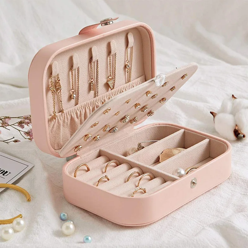 

Storage Double Jewelry Necklace Organizer Storage Travel Jewelry Earring Holder Box Layer Storage Rings Portable Jewelry Box