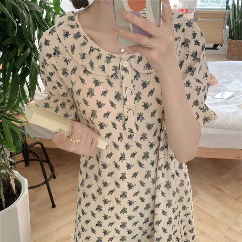 

Женская летняя хлопковая ночная рубашка с коротким рукавом и оборками, домашняя одежда, платье, персиковая сетчатая дышащая Милая Ночная рубашка с цветочным принтом D140