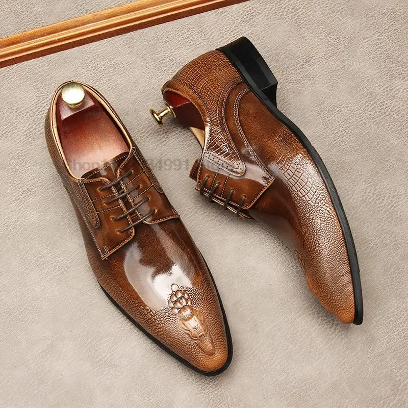 

Brogue Men's Dress Shoes Genuine Leather Lace Up Fashion Crocodile Pattern Oxford Handmade Wingtip Party Formal Shoes For Men