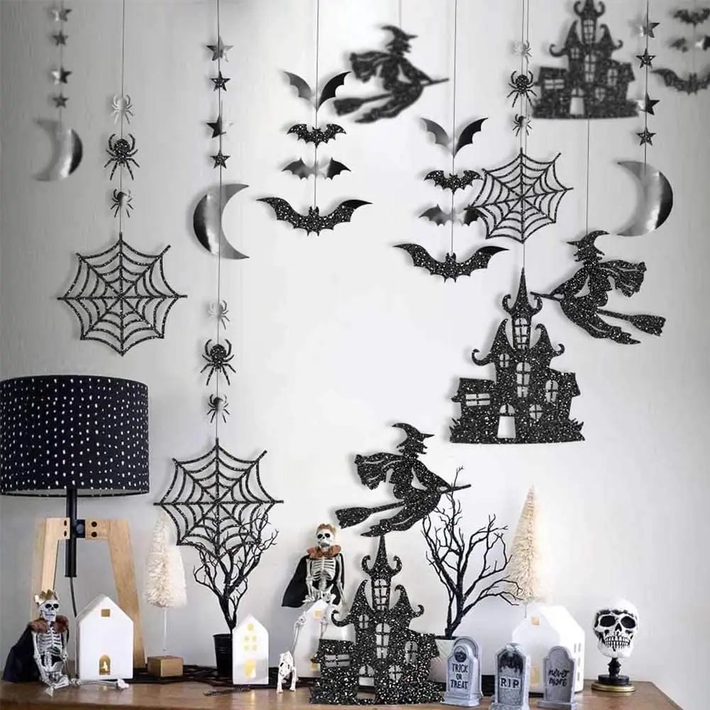 

15Pcs Black Paper Witch Bat Spider Haunted House Star Moon Streamers Garlands Halloween Party For Home Tree ornament Decorations