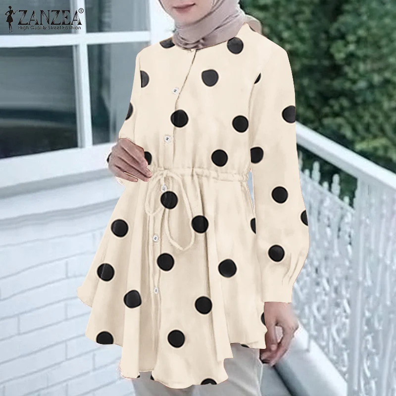 

Muslim Elegant Blouse ZANZEA Women Autumn Shirt Casual O Neck Long Sleeve Vintage Polka Dot Printed OL Work Tunic Tops Oversized