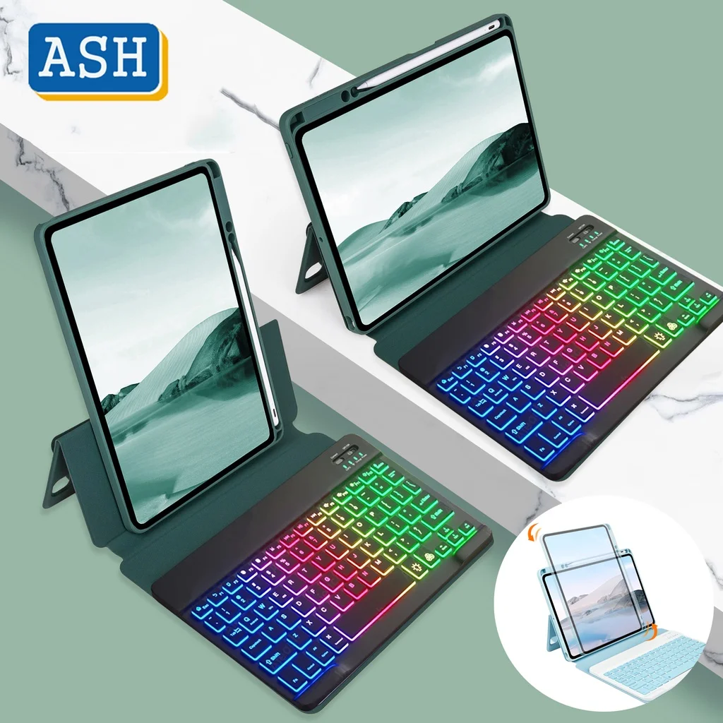 

ASH Detachable Split Rainbow Backlit Keyboard Case for iPad 10.2 9th 8th 7th Pro 11 2021 Pro10.5 Air 5 4 3 2 1 9.7 5th 6th Cover