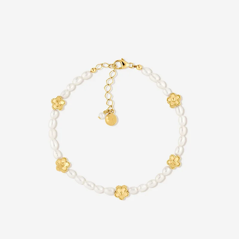 

Pearl Bracelet Female Niche Design Versatile Five Goldencolor Flower Handicraft Women with Irregular Pearl Design Sweet Bracelet