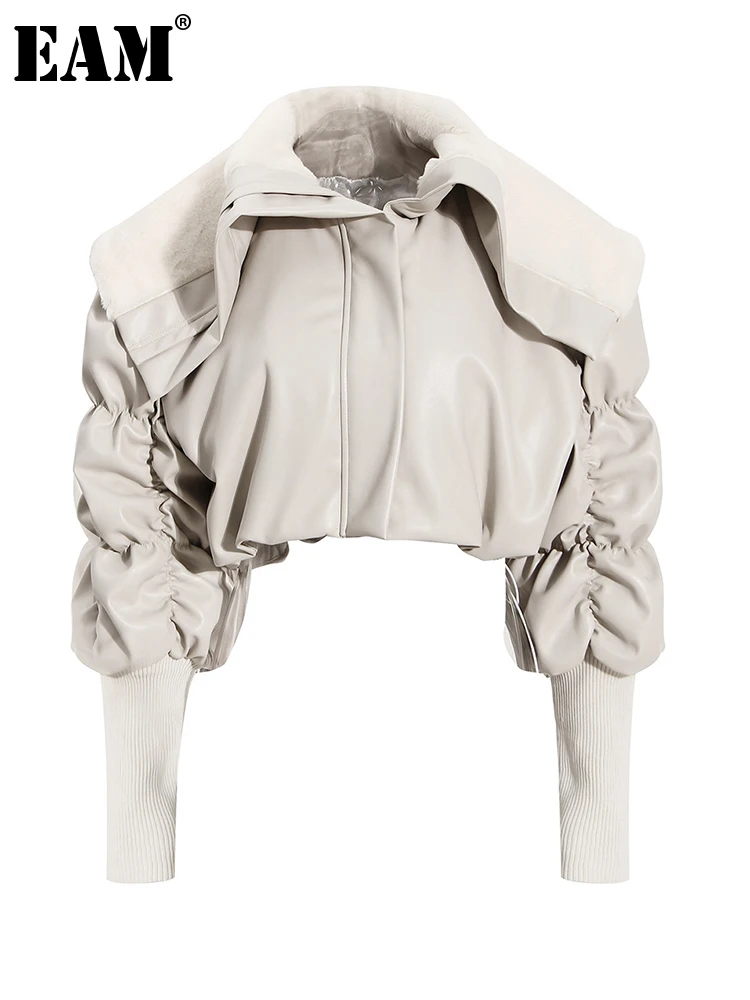 

[EAM] Beige Pleated Big Size Warm Cotton-padded Coat Long Sleeve Loose Fit Women Parkas Fashion New Autumn Winter 2023 1DF1180