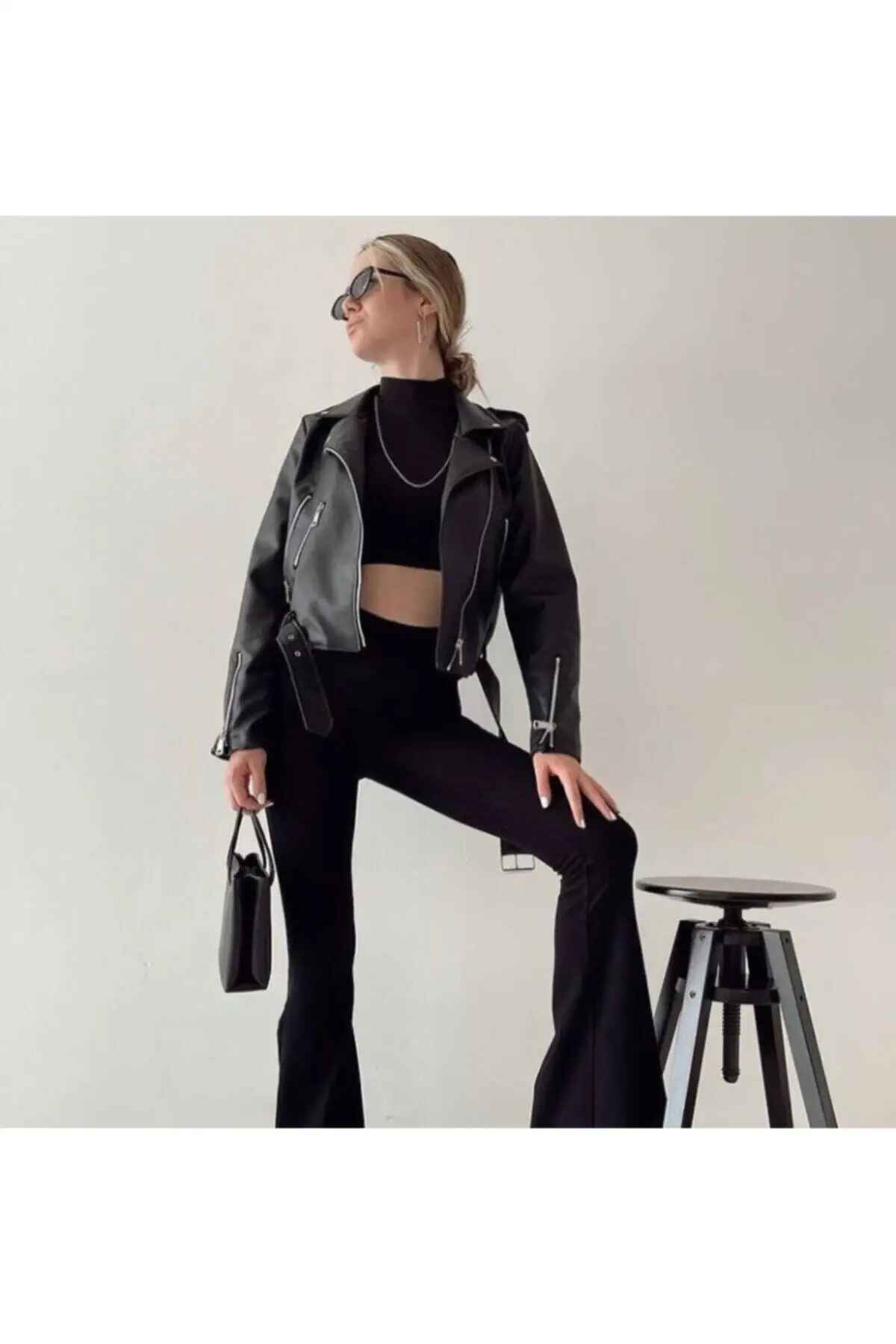 

Women's Black Zipper Detailed Leather Jacket