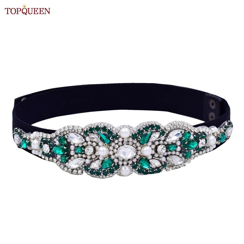 TOPQUEEN S87-B Fashion Women Dress Elastic Belt Adult Green Rhinestones Appliques Paty Female Gown Clothes Decoration All-match