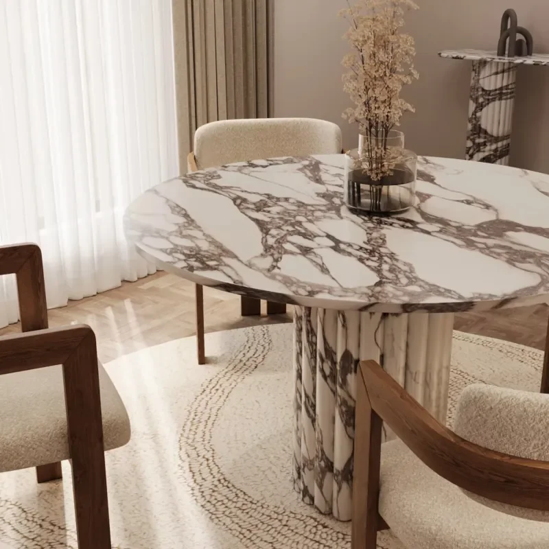 Фото Обеденный стол Kumusi Furniture Lorenzo Calacatta Viola круглой формы с рифленым основанием №3