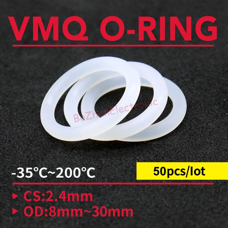 Купи 50pcs VMQ O Ring Seal Gasket Thickness CS 2.4mm OD 8~30mm Silicone Rubber Insulated Waterproof Washer Round Shape White Nontoxi за 63 рублей в магазине AliExpress