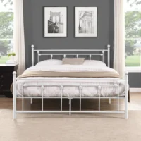 Home Modern Minimalist Wooden Bedroom Furniture Beds Frames Bases Queen Size Metal Bed Frame With Headboard Footboard  White