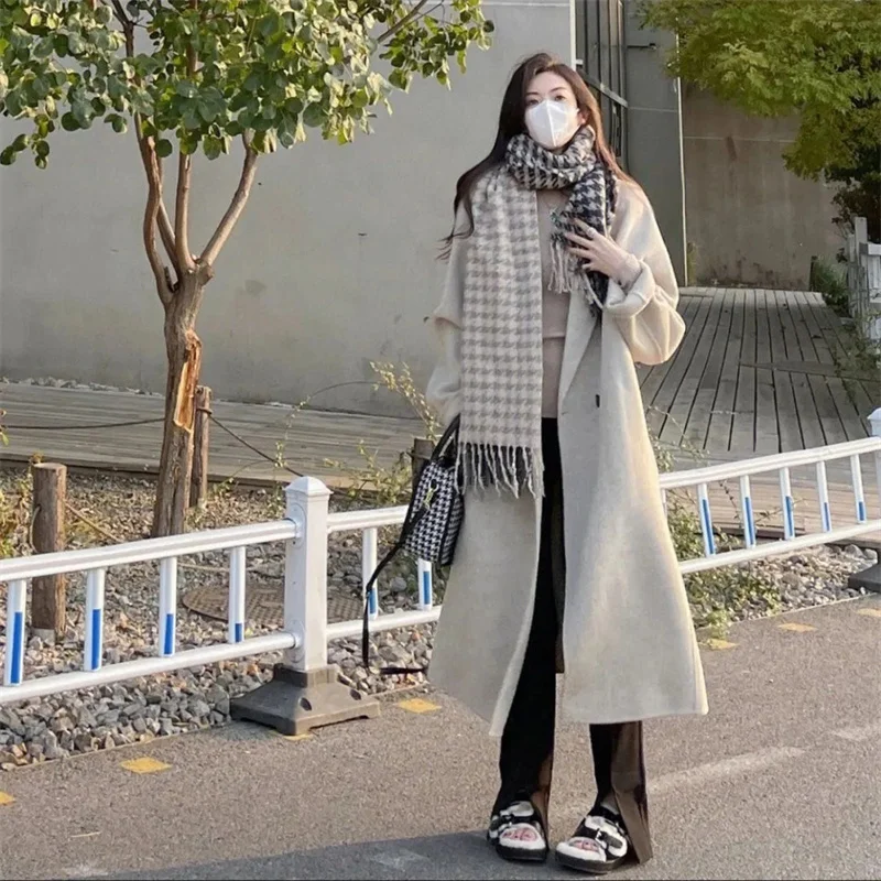Женское двухстороннее шерстяное пальто средней длины в Корейском стиле с