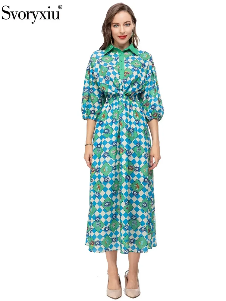 

Svoryxiu Summer Fashion Designer Vintage Print Midi Dress Women's Half Lantern Sleeve Single Breasted Elastic Waist Slim Dress
