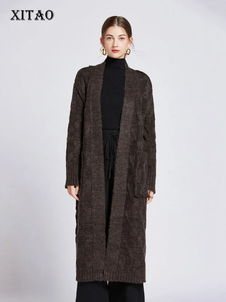 

XITAO Long Knitting Cardigan Casual Women Fashion Vintage Simplicity Temperament Sweater Cardigan 2023 Autumn Winter New HQQ1740