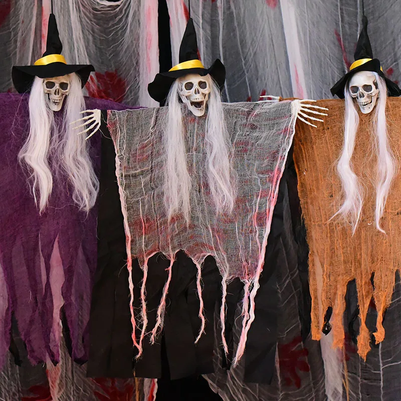 

E2 3Pcs Halloween Hanging Skeleton Ghost with Witch Hat Halloween Party Home Indoor Outdoor Decoration Haunted House Horror Prop