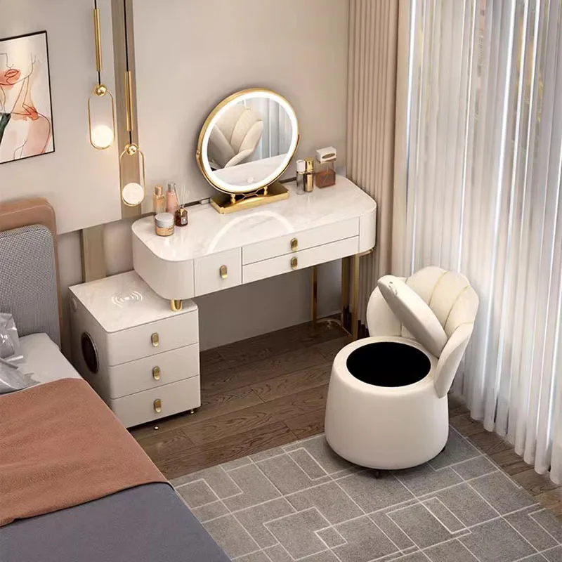 

White Laden Dressing Table Drawers Luxury Light Mirror Multifunction Vanity Table Corner Coiffeuses De Chambre Luxury Furniture