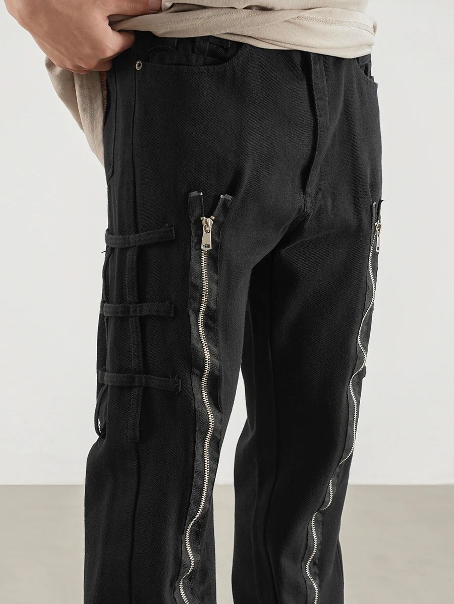 Fashion Denim Straight Jeans Mens Hip Hop Zippers Design Jeans Streetwear Pant Trousers Casual High-street Joggers Jeans Pants