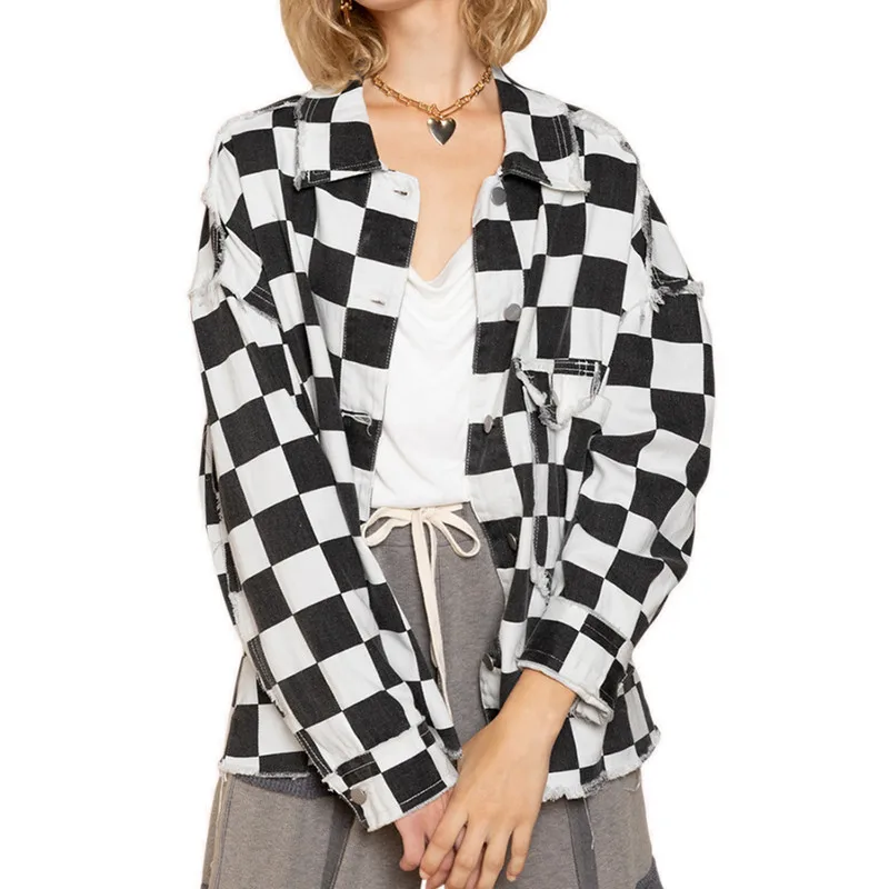 

Women Plaid Print Jacket Spring Autumn Clothes Retro Long Sleeves Lapels Button Closure Chest Pockets Broken Tassels Coat