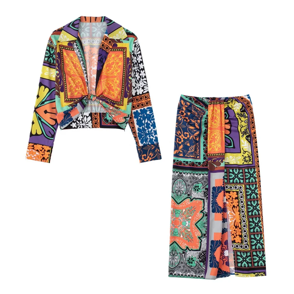 

Women 2022 Fashion Printed Short Shirt Vintage Long Sleeve Knotted and Pleated Design Side Zipper Female Blouse Chic Top Mujer