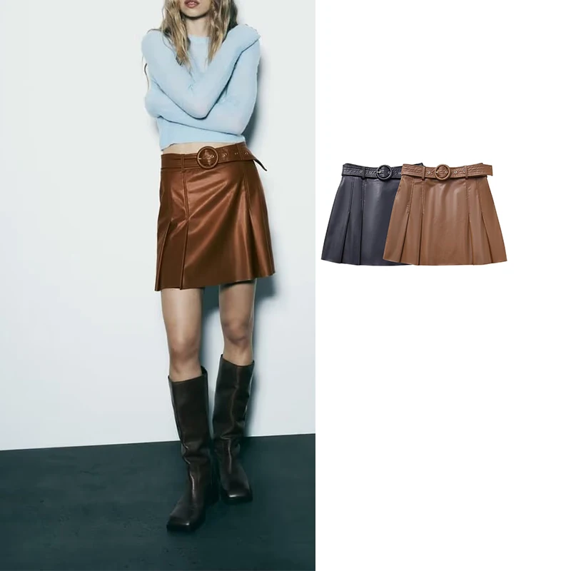 

Юбка-мини женская плиссированная из искусственной кожи с поясом и высокой талией